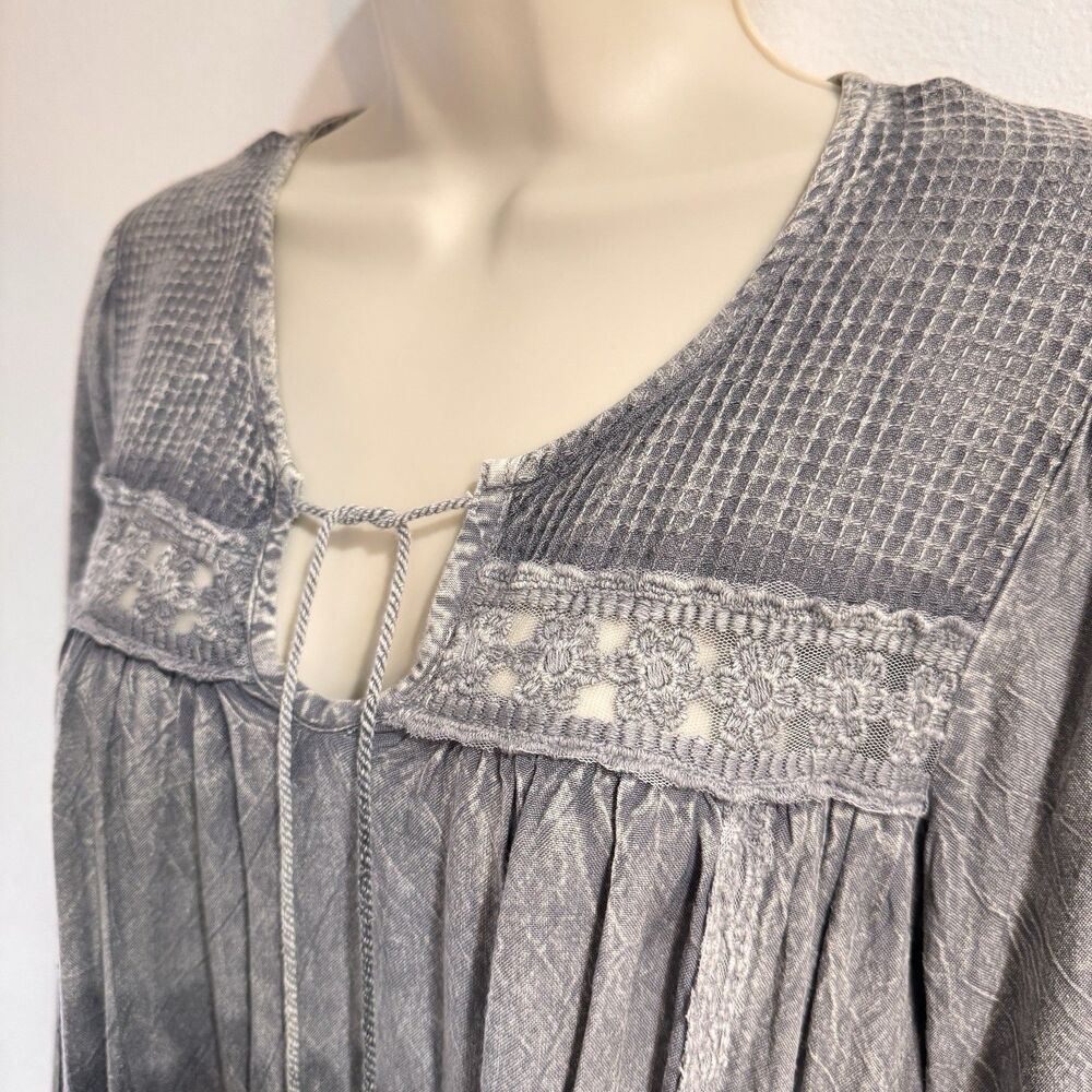 Vintage Y2K NWT Oso Casuals Blouse S Mineral Wash Waffle Knit Lace Boho Gray - Picture 3 of 10